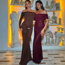 One shoulder solid color long sleeved hip hugging dress One shoulder solid color long sleeved hip hugging dress