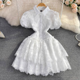 Flip collar single breasted white lace embroidered A-line cake dress