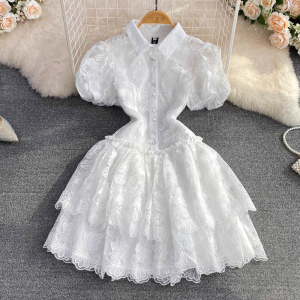 Flip collar single breasted white lace embroidered A-line cake dress