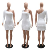 Single sided long sleeved pit stripe three-dimensional flower wrapped hip dress