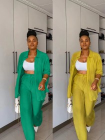 Long sleeved shirt straight leg pants two-piece set