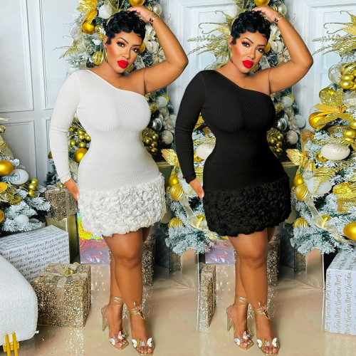 Single sided long sleeved pit stripe three-dimensional flower wrapped hip dress