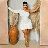 Single sided long sleeved pit stripe three-dimensional flower wrapped hip dress