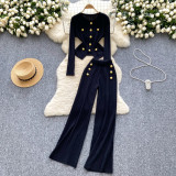 Metal buckle round neck long sleeved knitted sweater high waisted pants two-piece set