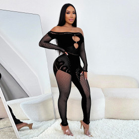One collar solid color hollow out long sleeved fun jumpsuit pants