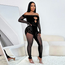 One collar solid color hollow out long sleeved fun jumpsuit pants One collar solid color hollow out long sleeved fun jumpsuit pants