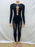 Round neck high-density lace integrated knitted nail drill jumpsuit