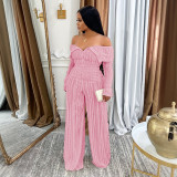 One piece lapel wave patterned long sleeved pants set