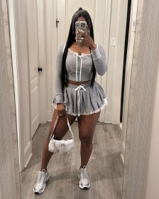 Lace patchwork short hooded sweatshirt set, half skirt two-piece set
