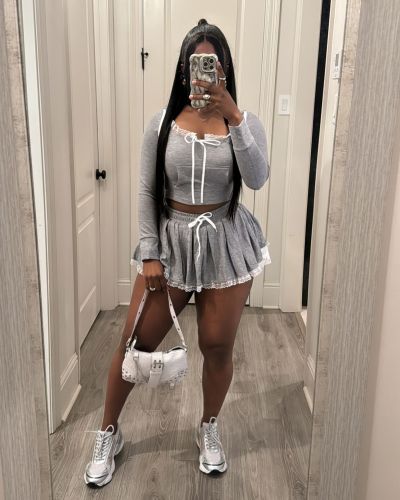 Lace patchwork short hooded sweatshirt set, half skirt two-piece set