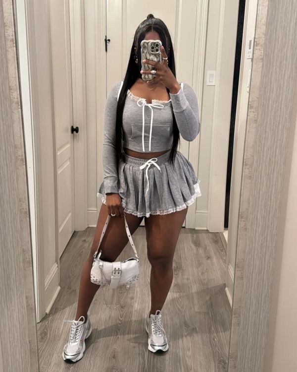 Lace patchwork short hooded sweatshirt set, half skirt two-piece set