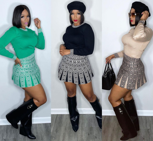 High waisted printed A-line skirt set