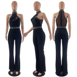 Sleeveless mesh splicing commuting horn jumpsuit