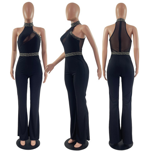 Sleeveless mesh splicing commuting horn jumpsuit