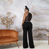 Sleeveless mesh splicing commuting horn jumpsuit
