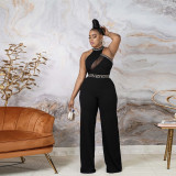 Sleeveless mesh splicing commuting horn jumpsuit