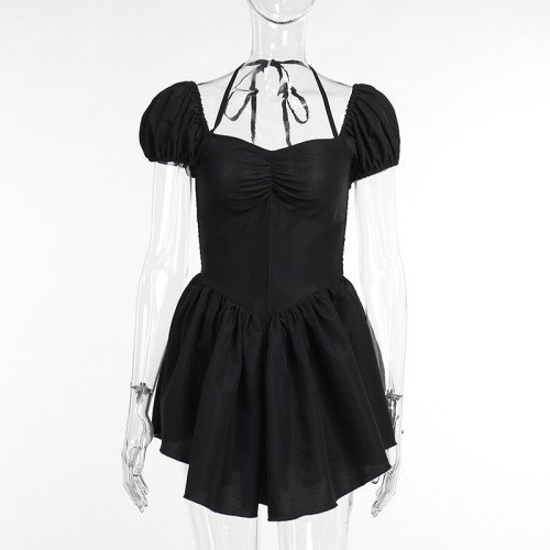 One shoulder hanging neck bubble sleeve dress