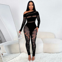 Solid color slanted collar high-density lace patchwork nail drill long sleeved jumpsuit Solid color slanted collar high-density lace patchwork nail drill long sleeved jumpsuit