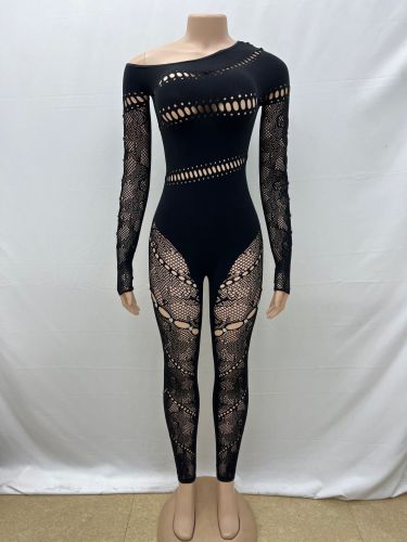 Solid color slanted collar high-density lace patchwork nail drill long sleeved jumpsuit