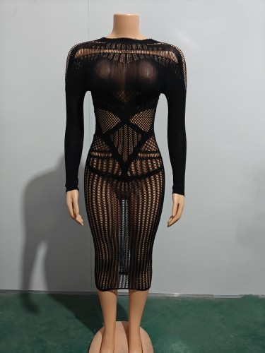 Fun hollowed out perspective mesh dress, high elasticity dress, short skirt
