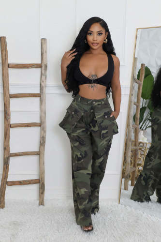 Camouflage multi pocket zipper loose work pants