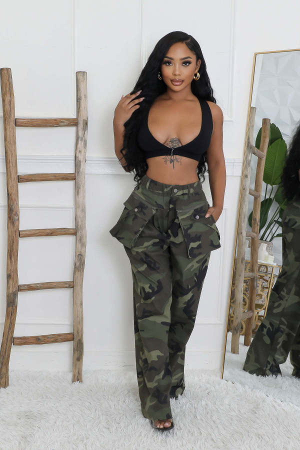 Camouflage multi pocket zipper loose work pants