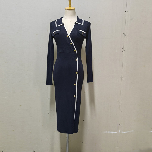 Long sleeved fake button knit dress