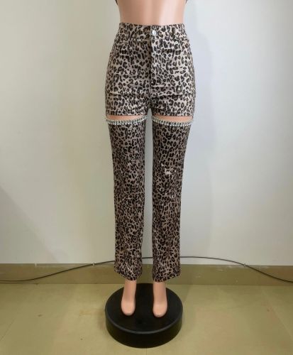 High waisted hollowed out leopard print handmade diamond pants