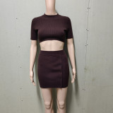 Knitted crop top and split button short skirt set