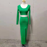 Long sleeved round neck short knit sweater top with slit skirt set
