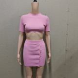 Knitted crop top and split button short skirt set