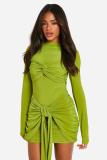 Wrinkled waist slimming short skirt dress