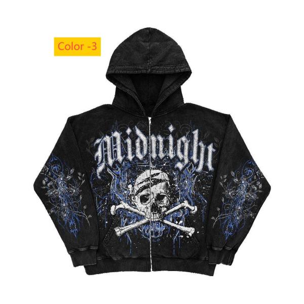 Motorcycle letter skull print zipper hoodie long sleeved sweatshirt