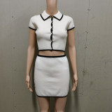 Border knit cardigan+hip hugging short skirt set