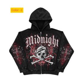 Motorcycle letter skull print zipper hoodie long sleeved sweatshirt