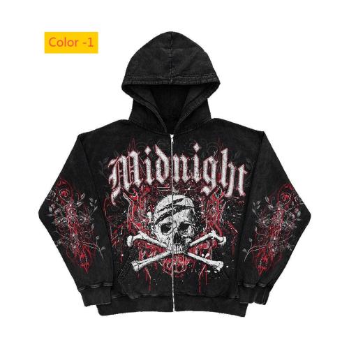 Motorcycle letter skull print zipper hoodie long sleeved sweatshirt