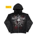 Motorcycle letter skull print zipper hoodie long sleeved sweatshirt