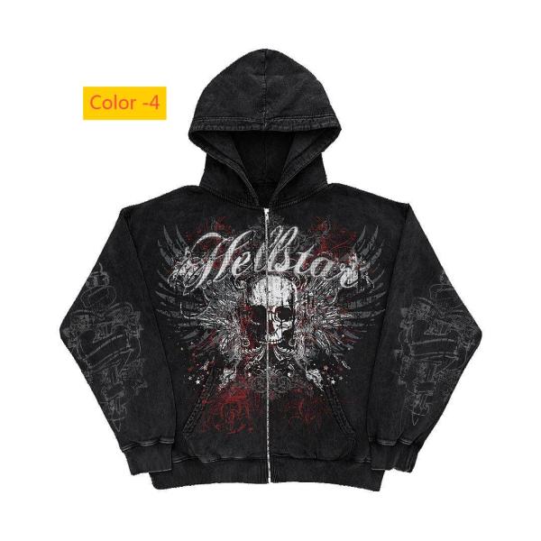 Motorcycle letter skull print zipper hoodie long sleeved sweatshirt