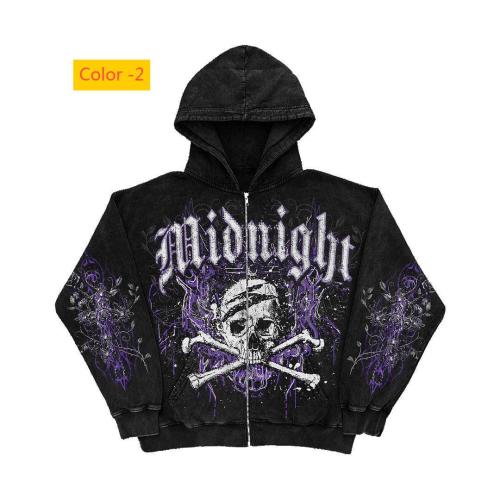 Motorcycle letter skull print zipper hoodie long sleeved sweatshirt