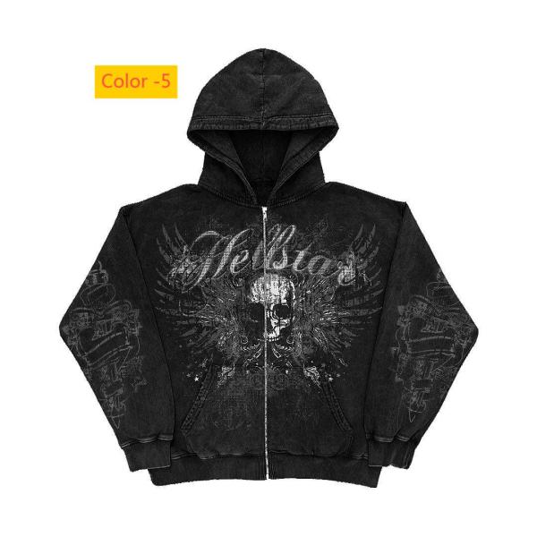 Motorcycle letter skull print zipper hoodie long sleeved sweatshirt