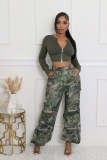 Camouflage printed high waisted straight leg loose fitting work pants