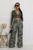 Camouflage printed high waisted straight leg loose fitting work pants