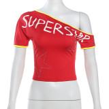 Slanted shoulder exposed navel hot T-shirt short sleeved