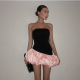 Suede strapless sleeveless patchwork puffy jumpsuit short skirt