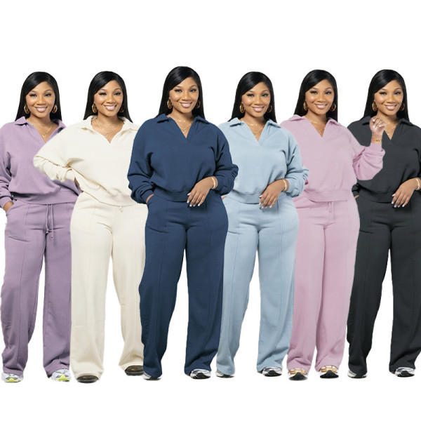 Solid color V-neck pullover long sleeved sweatshirt set