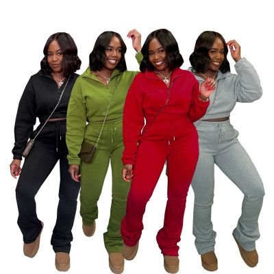 Zipper Half High Collar Waist with Velvet Hoodie, Tie Rope Pants, Sports Set