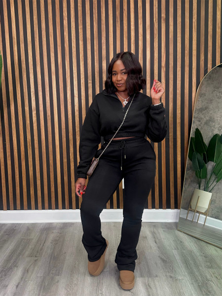 Zipper Half High Collar Waist with Velvet Hoodie, Tie Rope Pants, Sports Set