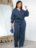 Solid color V-neck pullover long sleeved sweatshirt set