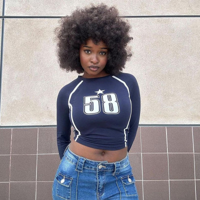 Waist tight printed long sleeved top T-shirt