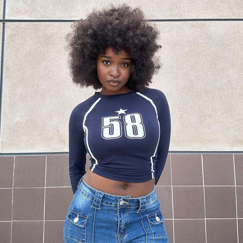 Waist tight printed long sleeved top T-shirt